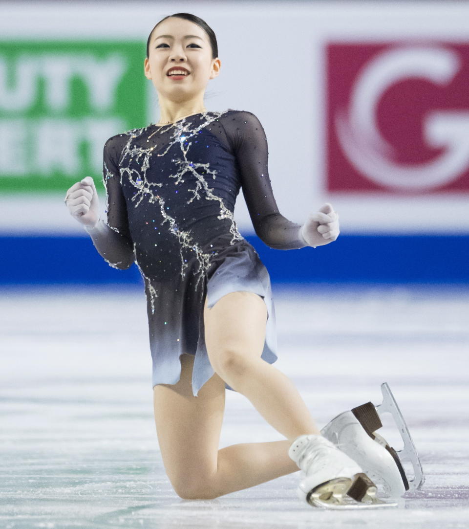 Rika Kihira, of Japan, celebrates her performance in the ladies free skate at the Grand Prix of Figure Skating finals in Vancouver, British Columbia, Saturday, Dec. 8, 2018. (Jonathan Hayward/The Canadian Press via AP)