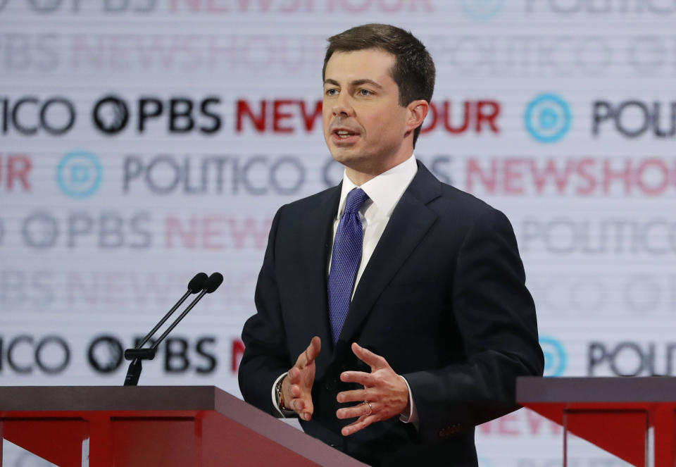 FILE In this Thursday, Dec. 19, 2019, file photo, Democratic presidential candidate South Bend, Ind., Mayor Pete Buttigieg speaks during a Democratic presidential primary debate, in Los Angeles. A dispute over big-dollar donors and fundraising between Buttigieg and Massachusetts Sen. Elizabeth Warren erupted on the presidential debate stage Thursday. (AP Photo/Chris Carlson, File)