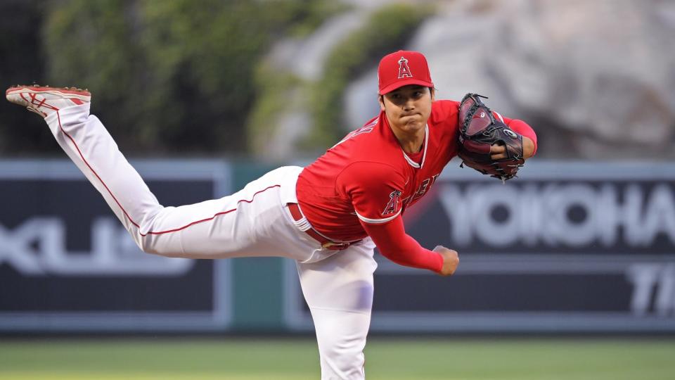 Shohei Ohtani pitches against the Texas Rangers.