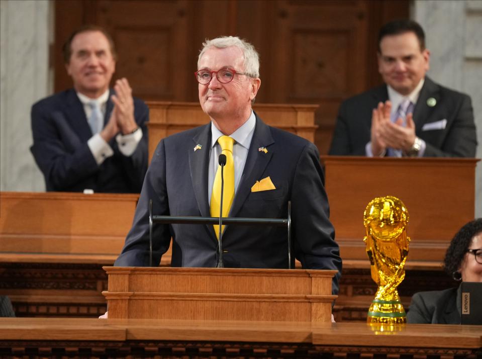 Trenton, NJ — February 27, 2024 -- Governor Phil Murphy's with the World Cup trophy that will be played in NJ in 2026. It was part of Murphy’s budget address for New Jersey's 2025 fiscal year.