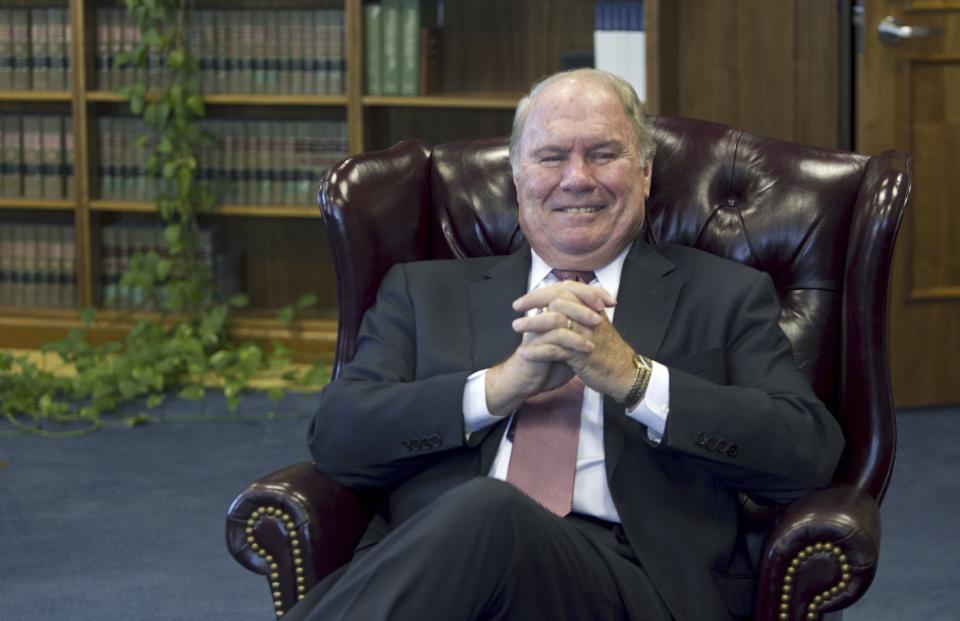 U.S. District Judge Robert Holmes Bell is pictured inside his courtroom in downtown Grand Rapids on Tuesday, Oct. 25, 2016. Robert Holmes Bell, a federal judge for 30 years whose trials included one that led to a rare death sentence in Michigan, has died. He was 79. (Cory Morse/The Grand Rapids Press via AP)