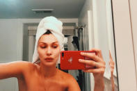 <p>The supermodel shared this revealing selfie after she had just stepped out of the shower, wearing just a towel around her head.</p>