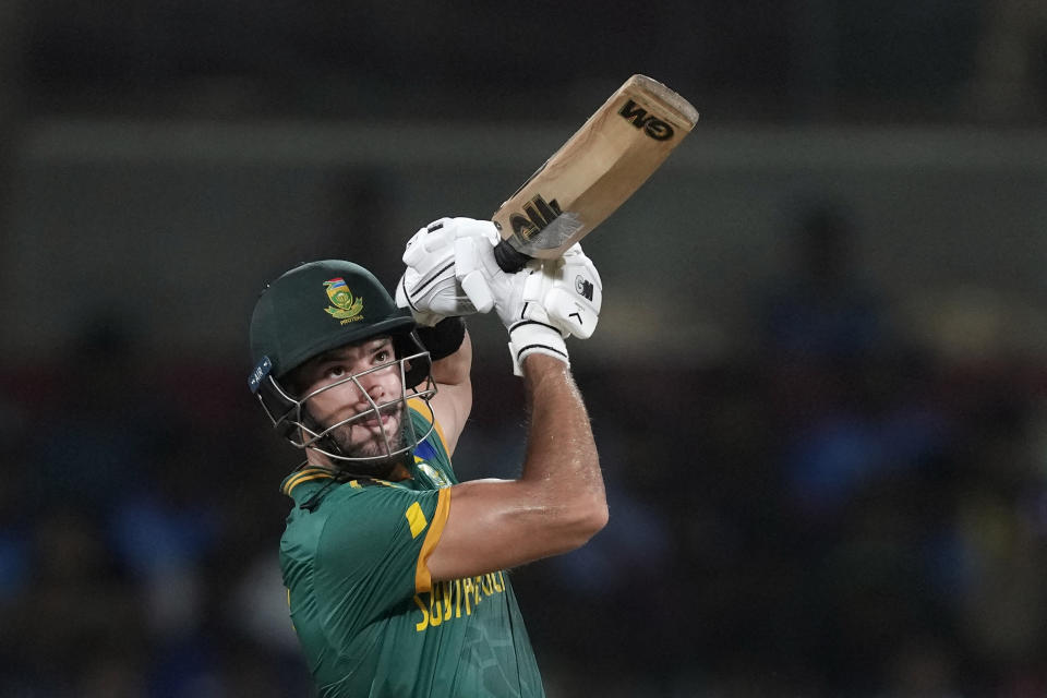 South Africa's Aiden Markram plays a shot during the ICC Men's Cricket World Cup match between Pakistan and South Africa in Chennai, India, Friday, Oct. 27, 2023. (AP Photo/Ajit Solanki)