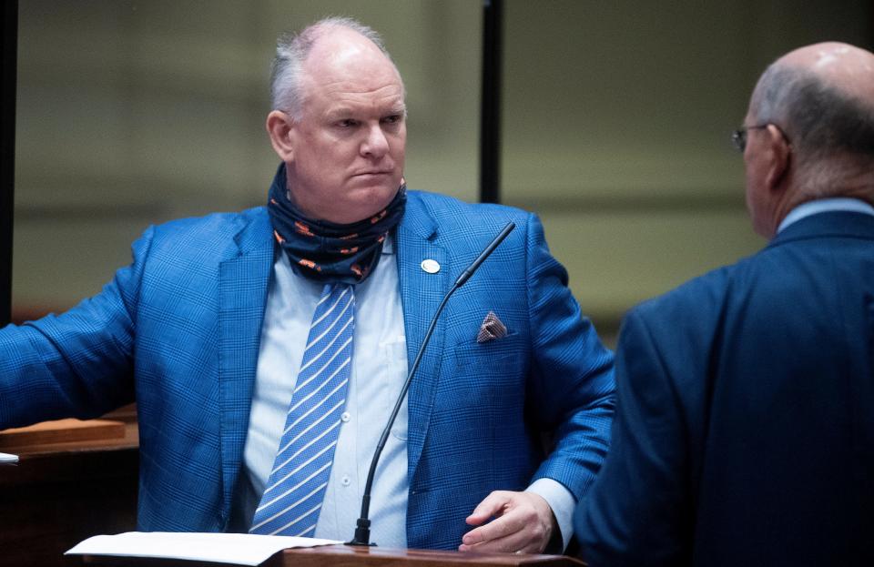 Sen. Tom Whatley during discussion on the senate floor at the Alabama Statehouse in Montgomery, Ala., on Thursday March 11, 2021.