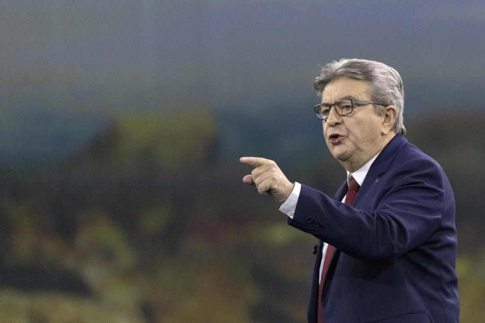 French Far-left presidential candidate for the 2022 election Jean-Luc Melenchon gestures as he speaks during a meeting in Nantes, western France, Sunday, Jan. 16, 2022. Far-left French presidential candidate Jean-Luc Melenchon sought Sunday to reinvigorate his flagging campaign for April's election with an "immersive and olfactory" rally, using 360-degree video and smells diffused through an exhibition hall in the western city of Nantes. (AP Photo/Jeremias Gonzalez)