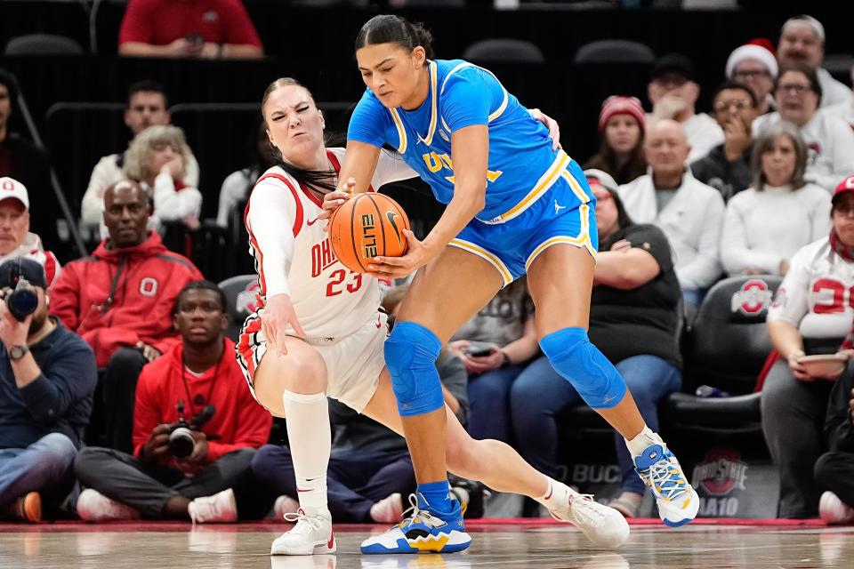 Dec 18, 2023; Columbus, OH, USA; Ohio State Buckeyes forward Rebeka Mikulasikova (23) defends UCLA Bruins center Lauren Betts (51) during the first half of the NCAA women’s basketball game at Value City Arena.
