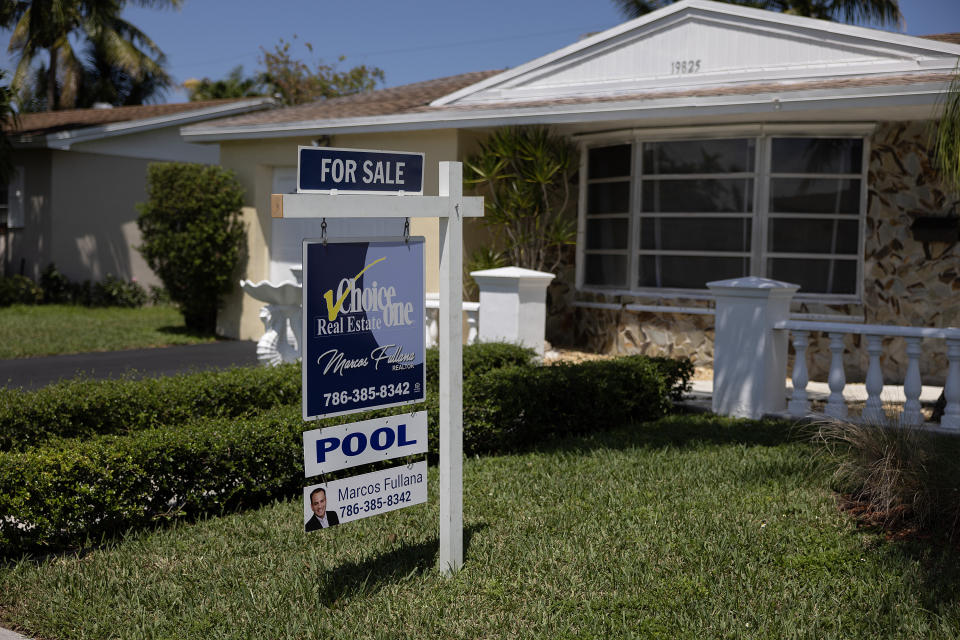 CUTLER BAY, FLORIDA - APRIL 20: A 'For Sale' sign advertises a home for sale on April 20, 2023 in Cutler Bay, Florida. In a report by the National Association of Realtors, existing-home sales edged 2.4% lower in March to a seasonally adjusted annual rate of 4.44 million. In addition, sales declined 22.0% from one year ago.. (Photo by Joe Raedle/Getty Images)