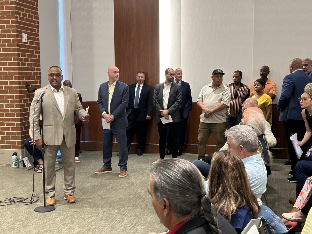 Petersburg resident Hal Miles leads off the line of citizens asking questions Sunday, April 14, 2024, during a casino town hall meeting at the Petersburg Public Library. Some asked questions while others shared thoughts on what the casino vendors should and should not offer.