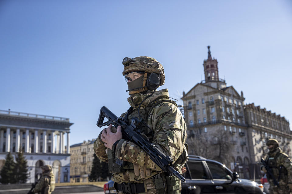 KYIV, UKRAINE - FEBRUARY 28: Security measures are taken as Ukraine's Minister of Internal Affairs Denys Monastyrskyi speaks to press members in Ukrainian capital, Kyiv on February 28, 2022. (Photo by Aytac Unal/Anadolu Agency via Getty Images)