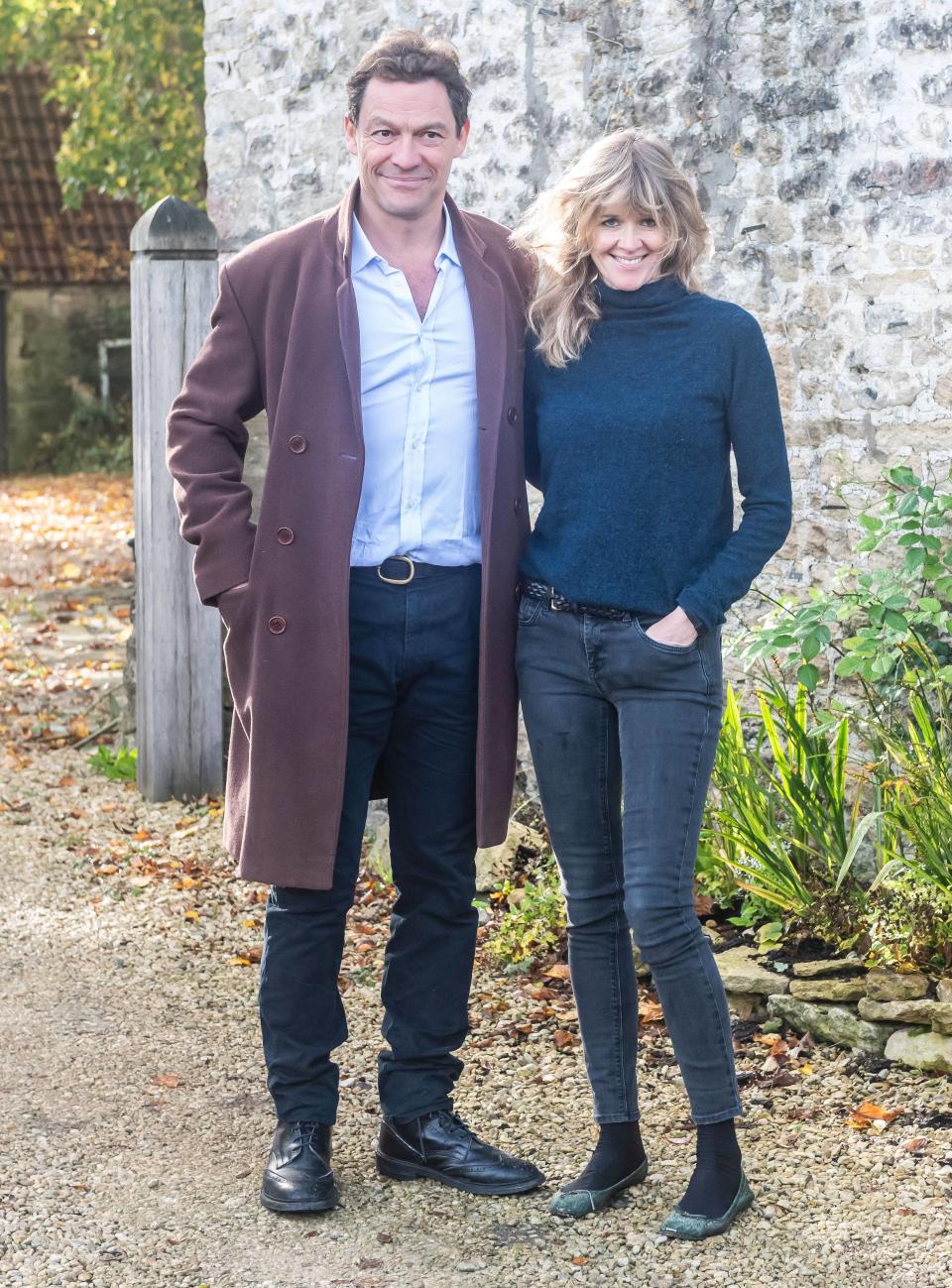 Dominic West and wife Catherine FitzGerald make a statement to press outside their Cotswolds home after Dominic was seen kissing actress Lily James whilst in Rome on October 13, 2020 in Cotswolds, England. 