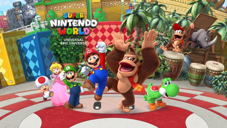 Mario, Luigi, Peach, Toad, Yoshi and Donkey Kong in Super Nintendo World