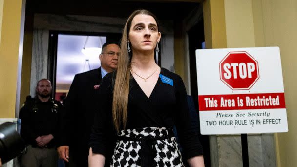 PHOTO: Montana State Representative Zooey Zephyr leaves the House chamber after a motion to bar her passed, at the Montana State Capitol in Helena, Mont., April 26, 2023. (Mike Clark/Reuters, FILE)