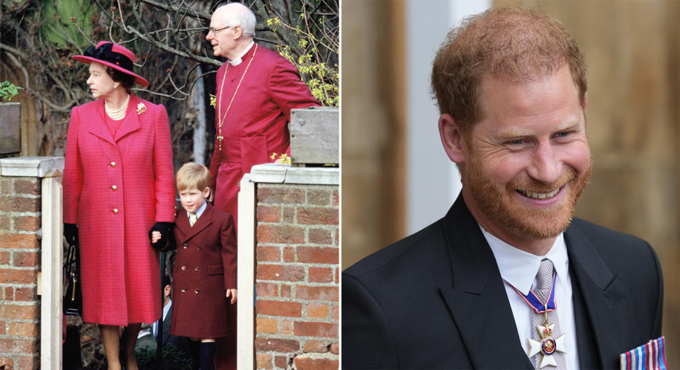 L: The late Queen with Prince Harry after an Easter service in Windsor in 1989. R: Harry at the King's coronation in May 2023. (Getty Images)