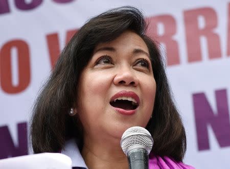 Ousted Philippine Supreme Court Justice Maria Lourdes Sereno speaks to supporters at a rally outside the Supreme Court building on Taft Avenue, metro Manila, Philippines May 11, 2018. REUTERS/Dondi Tawatao