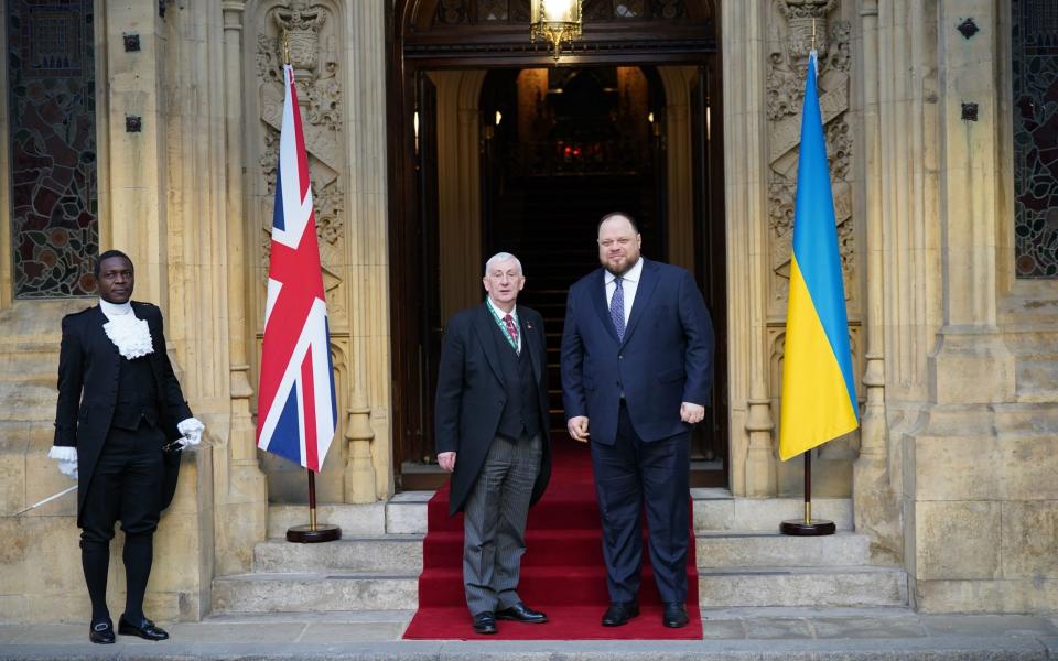 Speaker Sir Lindsay Hoyle (left) meets Ruslan Stefanchuk, the speaker and chairman of Verkhovna Rada, the parliament of Ukraine, during his visit to Speaker's House at the Palace of Westminster - Yui Mok/PA