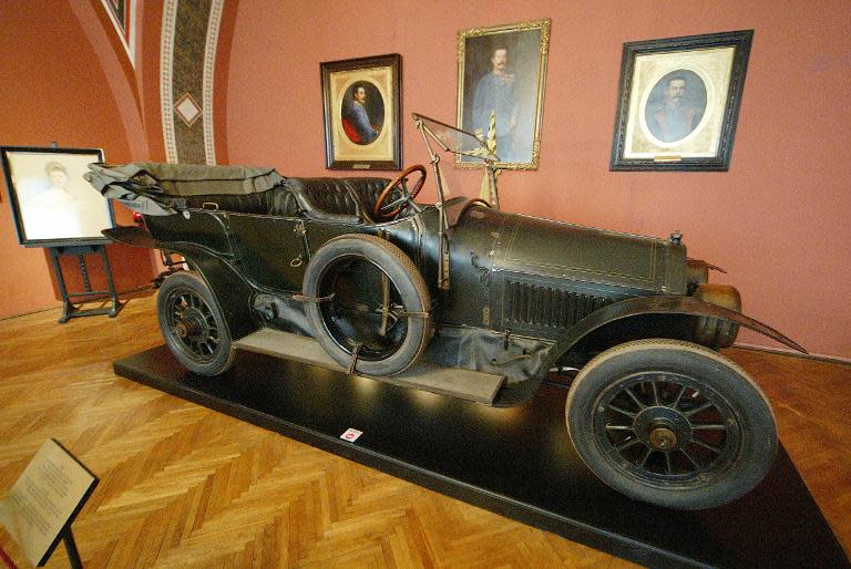 The car in which the heir to the Austro-Hungarian throne, Archduke Franz Ferdinand, was riding in Sarajevo when he was killed, is seen on display at a military history museum in Vienna, on June 28, 2004