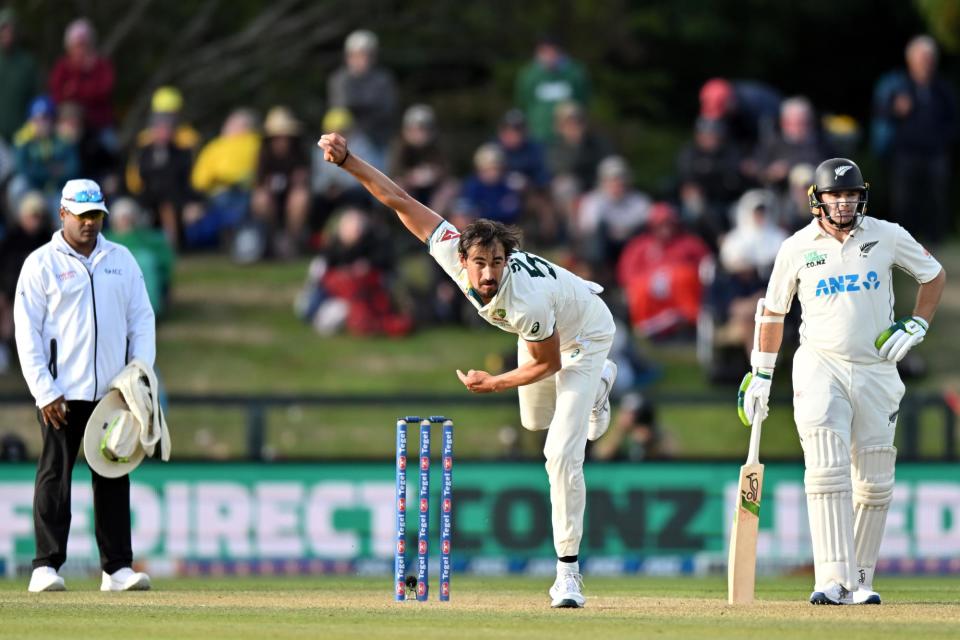 <span>Mitchell Starc passed <a class="link " href="https://sports.yahoo.com/soccer/teams/australia-women/" data-i13n="sec:content-canvas;subsec:anchor_text;elm:context_link" data-ylk="slk:Australia;sec:content-canvas;subsec:anchor_text;elm:context_link;itc:0">Australia</a> great Dennis Lillee’s mark of 355 Test wickets during the second Test against <a class="link " href="https://sports.yahoo.com/soccer/teams/new-zealand-women/" data-i13n="sec:content-canvas;subsec:anchor_text;elm:context_link" data-ylk="slk:New Zealand;sec:content-canvas;subsec:anchor_text;elm:context_link;itc:0">New Zealand</a> at Hagley Oval.</span><span>Photograph: Kai Schwörer/Getty Images</span>