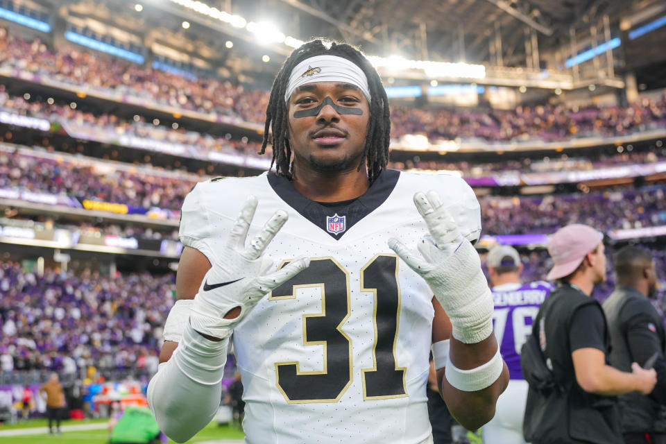 Nov 12, 2023; Minneapolis, Minnesota, USA; New Orleans Saints safety Jordan Howden (31) poses after the game against the Minnesota Vikings at U.S. Bank Stadium. Mandatory Credit: Brad Rempel-USA TODAY Sports
