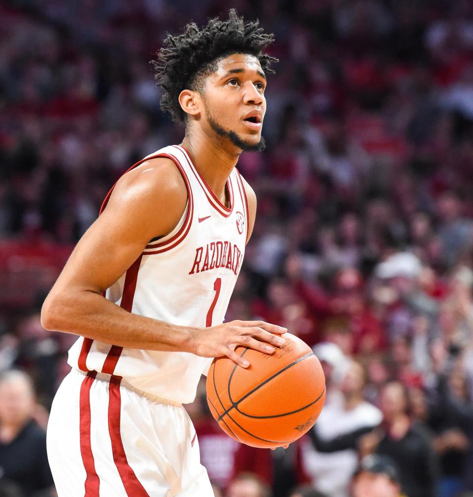 Arkansas guard Isaiah Joe eyes a free throw against LSU on March 4 at Bud Walton Arena in Fayetteville.