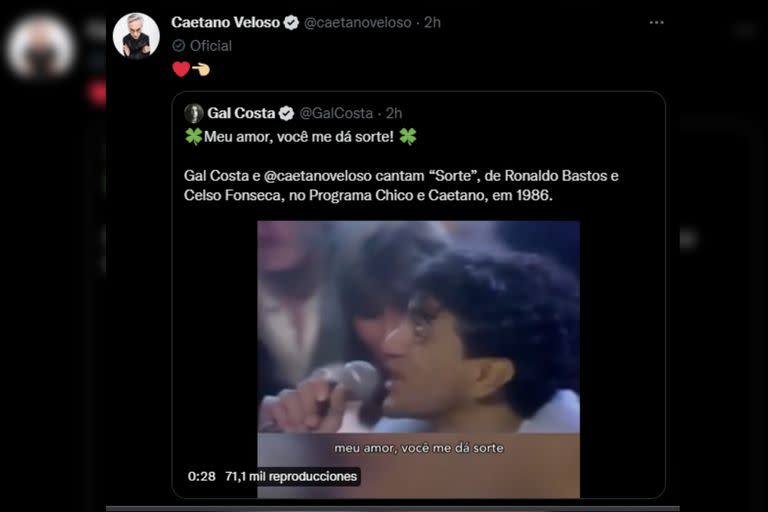 Caetano despidió a Gal Costa (Captura Twitter)