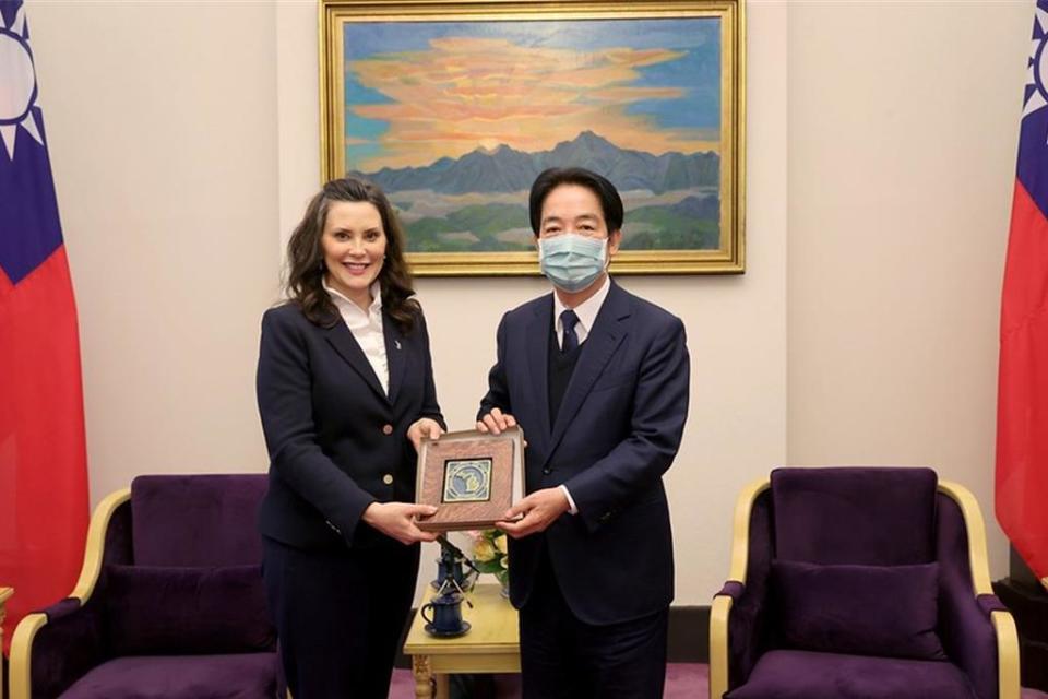 副總統賴清德4日接見美國密西根州州長魏美桂（Gretchen Whitmer）訪問團一行。圖／總統府提供