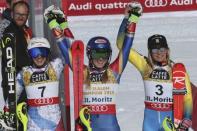 Alpine Skiing - FIS Alpine Skiing World Championships - Women's Slalom - St. Moritz, Switzerland - 18/2/17 - Gold medalist Mikaela Shiffrin of the USA is flanked by silver medalist Wendy Holdener (L) of Switzerland and Sweden's bronze medal winner Frida Hansdotter in the finish area. REUTERS/Stefano Rellandini