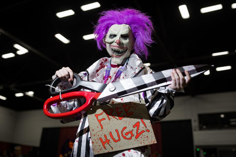 Megan Grady dressed up as a killer clown for the El Paso Horror Fest on Saturday, Oct. 7, 2023, at the El Paso convention center.