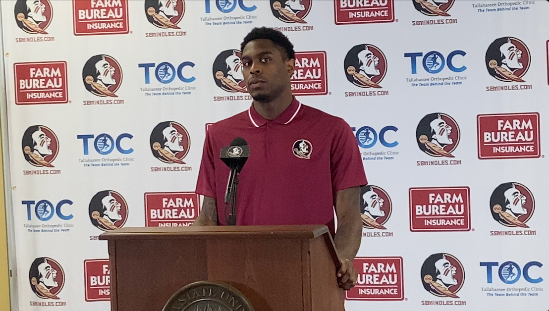 FSU football newcomer wide receiver Malik Benson speaks to media on Jan. 30, 2024.