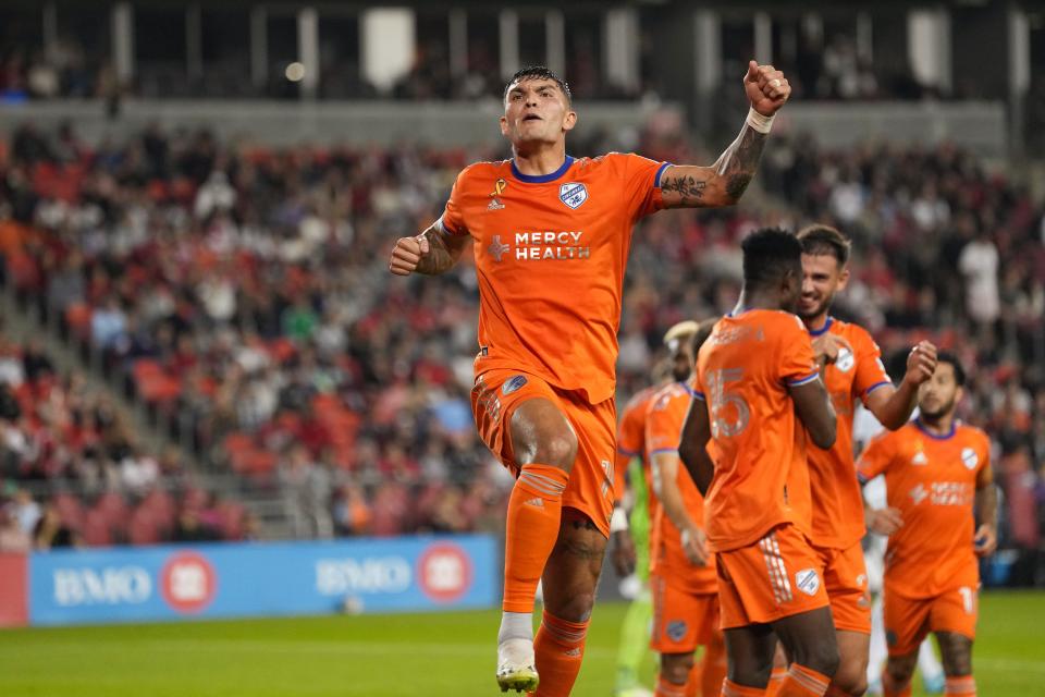 Sep 30, 2023; Toronto, Ontario, CAN; FC Cincinnati forward Brandon Vázquez (19) celebrates after scoring a goal against Toronto FC during the first half at BMO Field. Mandatory Credit: Nick Turchiaro-USA TODAY Sports