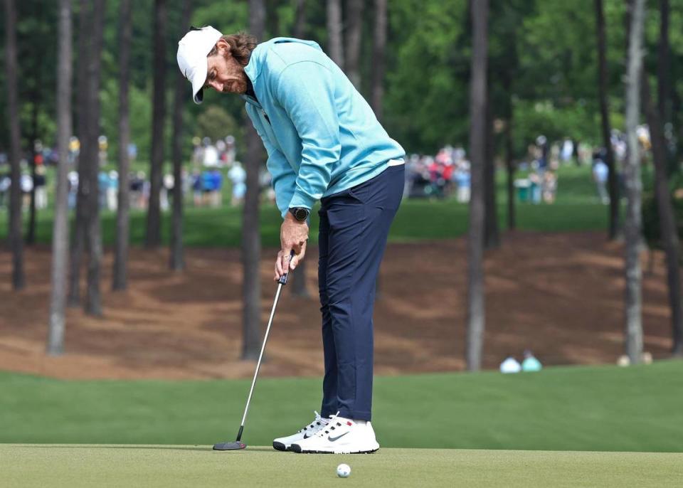 Tommy Fleetwood watches his putt on the fifth green during second round action in the Wells Fargo Championship at Quail Hollow Club in Charlotte, NC on Friday, May 5, 2023. Fleetwood finished the round at -6.