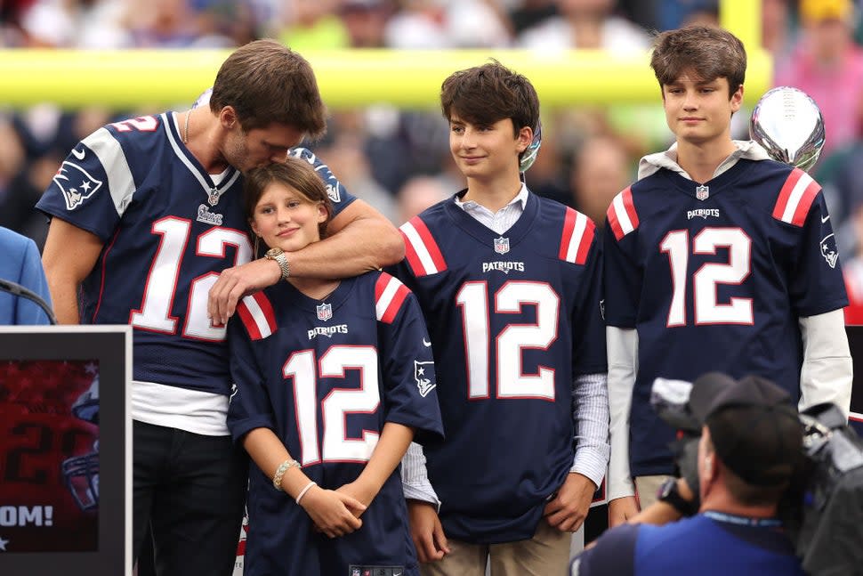 Former quarterback Tom Brady is honored by the New England Patriots at halftime of an NFL football game between the New England Patriots and the Philadelphia Eagles at Gillette Stadium on September 10, 2023 in Foxborough, Massachusetts. 