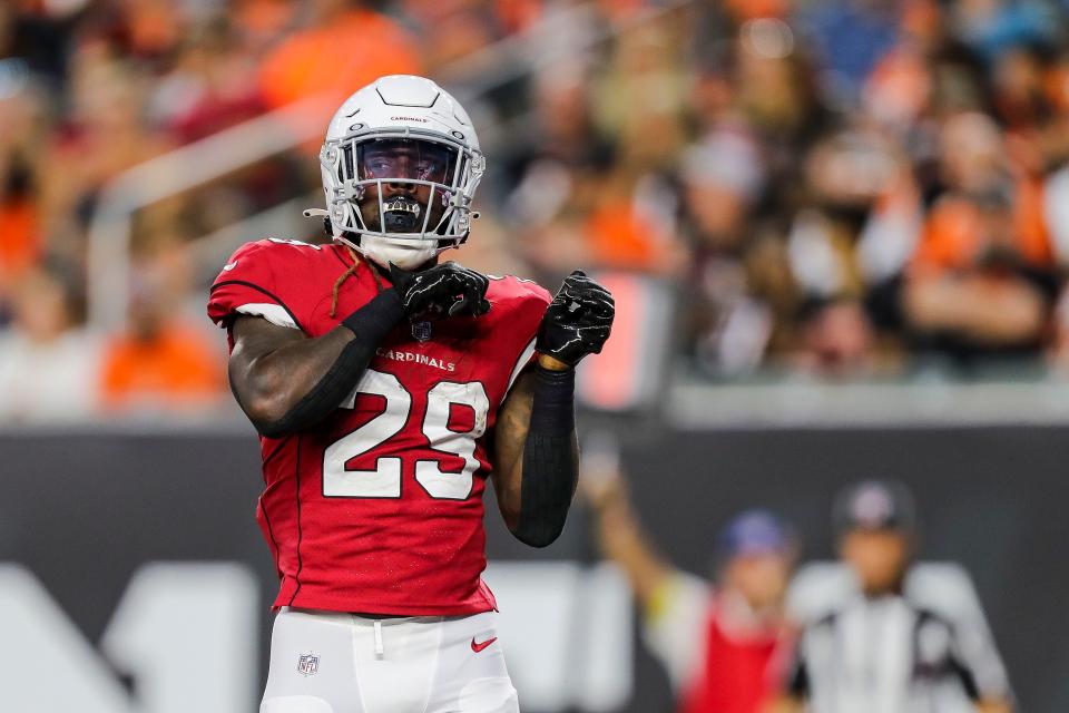 Aug 12, 2022; Cincinnati, Ohio, USA; Arizona Cardinals running back Jonathan Ward (29) reacts after scoring a touchdown against the Cincinnati Bengals in the first half at Paycor Stadium.