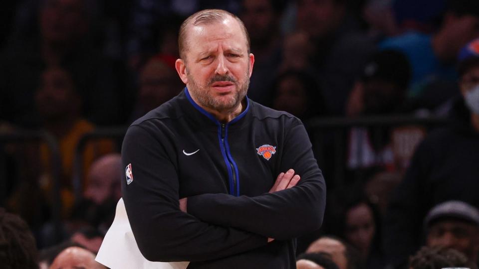 Jan 16, 2023; New York, New York, USA; New York Knicks head coach Tom Thibodeau reacts during the second half against the Toronto Raptors at Madison Square Garden. Mandatory Credit: Vincent Carchietta-USA TODAY Sports