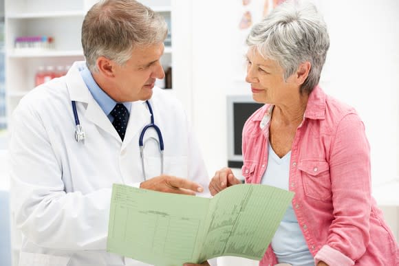 A physician going over medical test results with a senior woman.