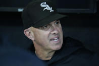 Chicago White Sox manager Pedro Grifol sits in the dugout before a baseball game against the Detroit Tigers, Friday, Sept. 1, 2023, in Chicago. (AP Photo/Erin Hooley)