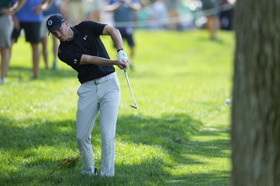 Jordan Spieth hits to the 13th green during the first round of the Memorial golf tournament, Thursday, June 1, 2023, in Dublin, Ohio. (AP Photo/Darron Cummings)