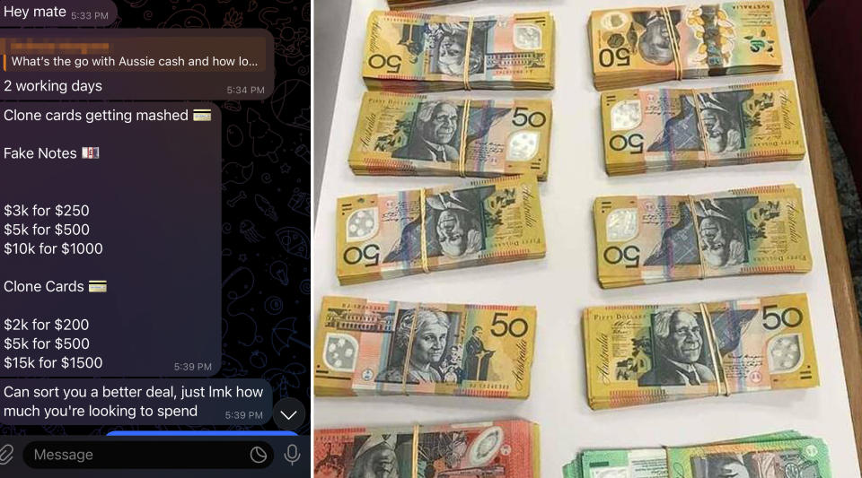A Telegram message offering to send fake cash notes for different prices and stacks of $50 and $100 bills bundled with rubber bands. 