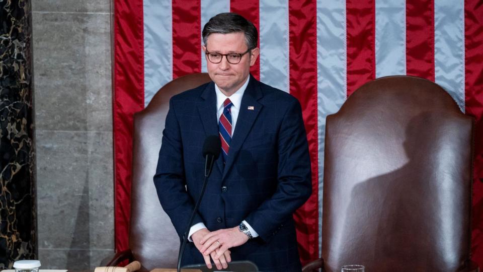 PHOTO: Speaker of the House Mike Johnson in the chamber of the US House of Representatives on Capitol Hill in Washington, DC,  April 11, 2024.  (Shawn Thew/EPA/Shutterstock)