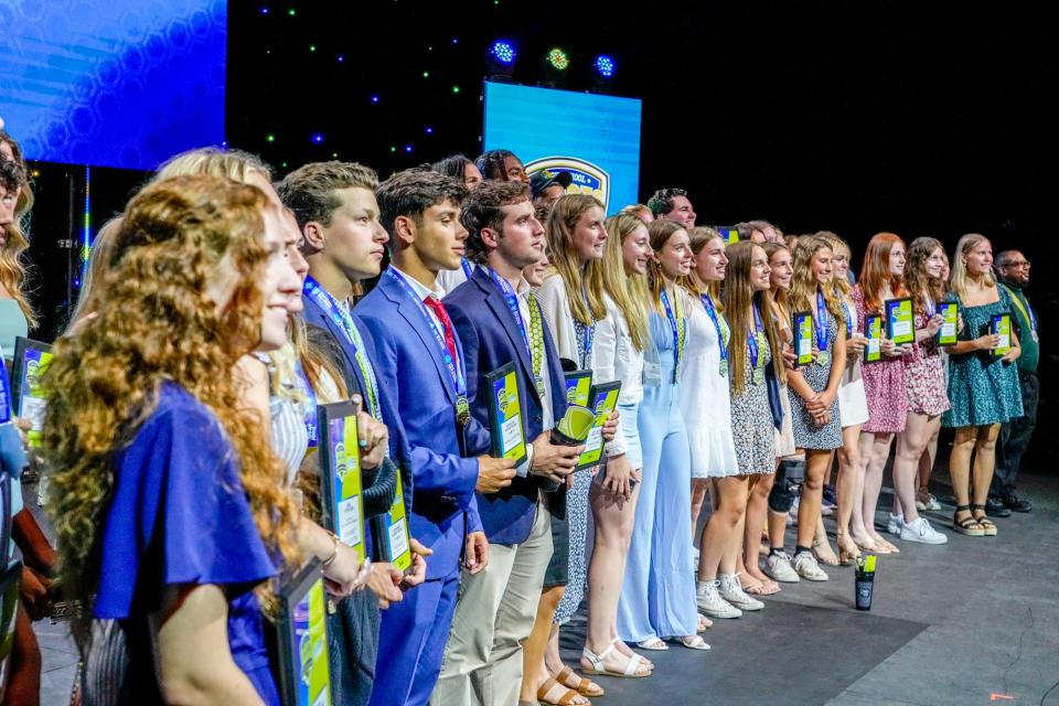 Award winners on stage at the Rhode Island High School Sports Awards show Tuesday night at Veterans Memorial Auditorium in Providence.