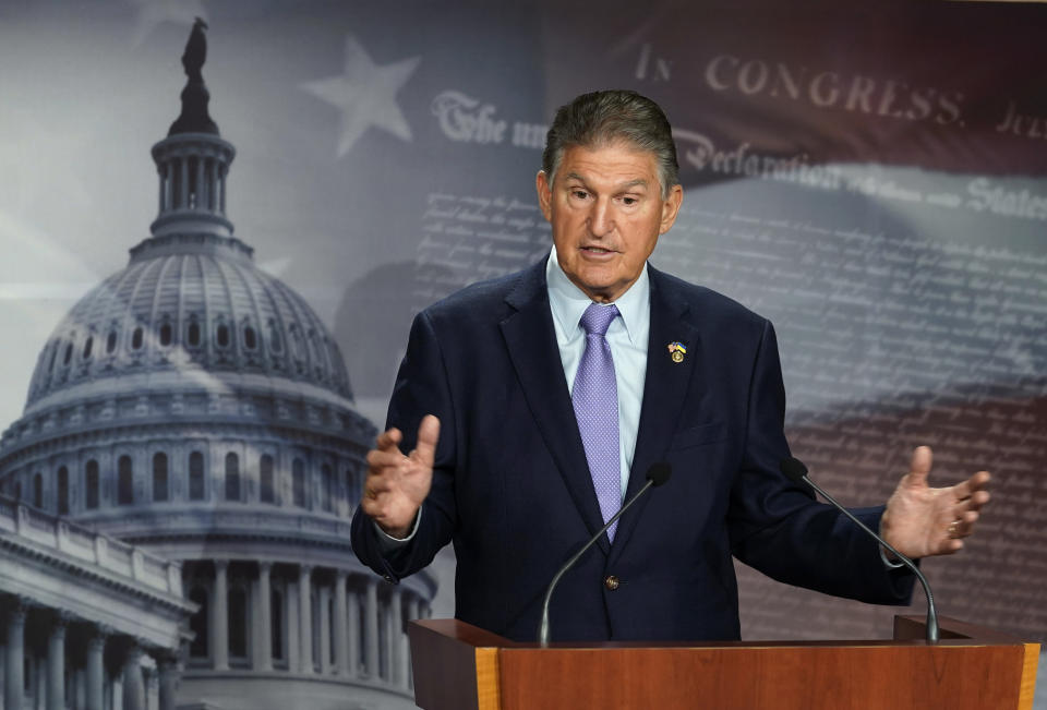 FILE - Sen. Joe Manchin, D-W.Va., speaks during a news conference on Sept. 20, 2022, at the Capitol in Washington. West Virginia Republican U.S. Rep. Alex Mooney is facing Democrat Barry Wendell in the race for a seat representing the state's 2nd Congressional District. But Mooney hasn’t shown any interest in debating or even engaging with Wendell. The congressman is more interested in talking about the last Democrat Sen. Manchin. (AP Photo/Mariam Zuhaib, File)