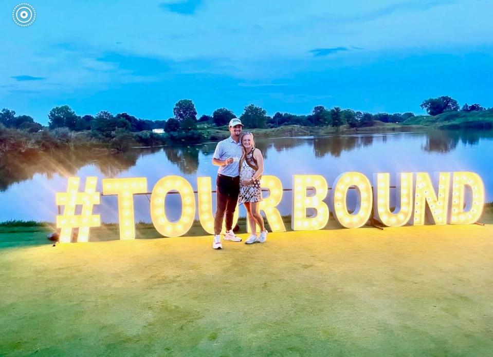 Philip Knowles, with his wife Olivia at the PGA Tour card ceremony in 2022 following the Korn Ferry Tour Championship, is playing again after a series of injuries and illnesses.