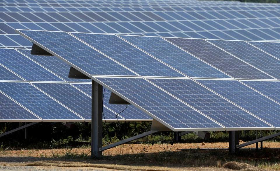 A photo of a solar farm in Montgomery County, North Carolina. A solar farm and greenhouse facility is being planned for a 60-acre tract in Lower Richland.