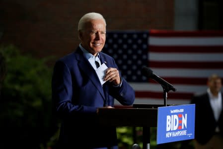 Democratic 2020 U.S. presidential candidate and former Vice President Joe Biden reacts during a campaign Community Event at Keene State College in Keene