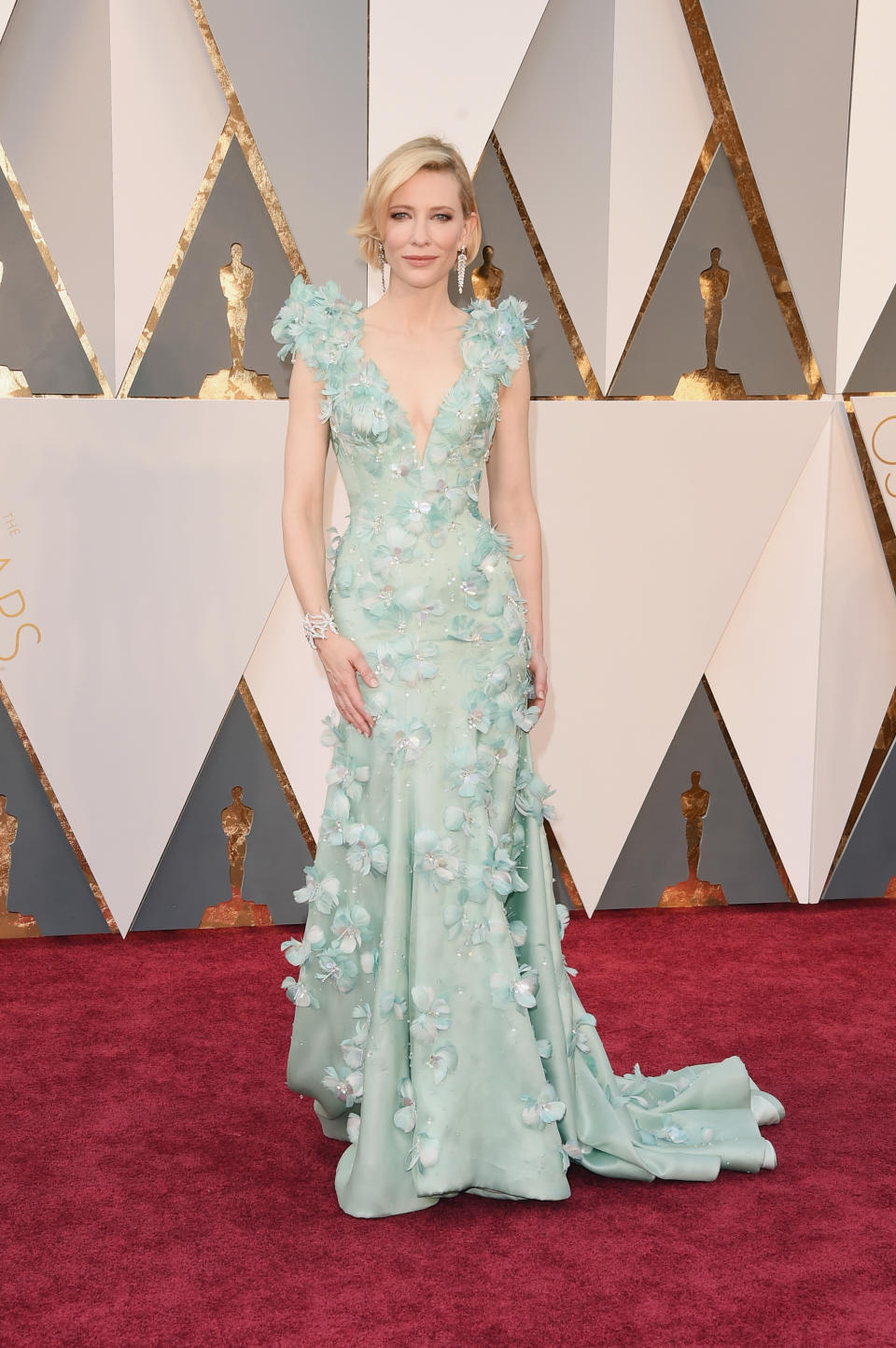 <p>The ‘Carol’ star wore a mint green beaut of a dress in 2016. Blanchett worked with her longtime stylist, Elizabeth Stewart, in teaming the dramatic gown with minimal jewellery.</p> 