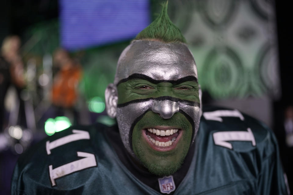 Philadelphia Eagles fan Jamie Pagliei smiles before the second round of the NFL football draft Friday, April 29, 2022, in Las Vegas. (AP Photo/Jae C. Hong)