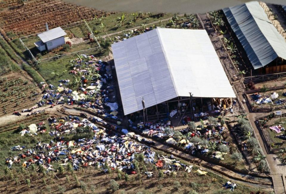 The bodies of over 900 of Jim Jones victims lie scattered about the grounds of Jonestown on November 18, 1978.