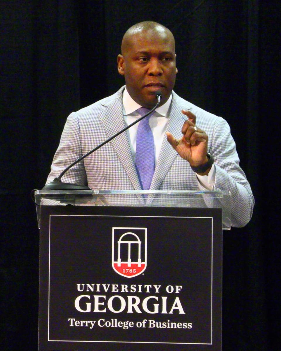 Jerald Mitchell, president and CEO of the Greater Columbus, GA Chamber of Commerce, gives the 2023 economic forecast for the city of Columbus during a luncheon Wednesday afternoon at the Columbus Georgia Convention and Trade Center. 01/25/2023 Mike Haskey/mhaskey@ledger-enquirer.com