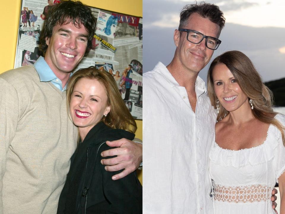 A side-by-side image of Ryan Sutter and Trista Rehn in 2003, left, and right, in 2023.