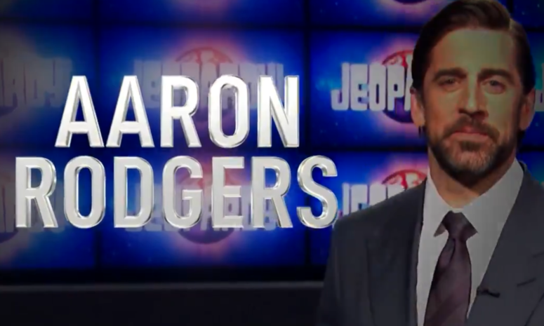 Aaron Rodgers introduced as a Jeopardy! guest host.