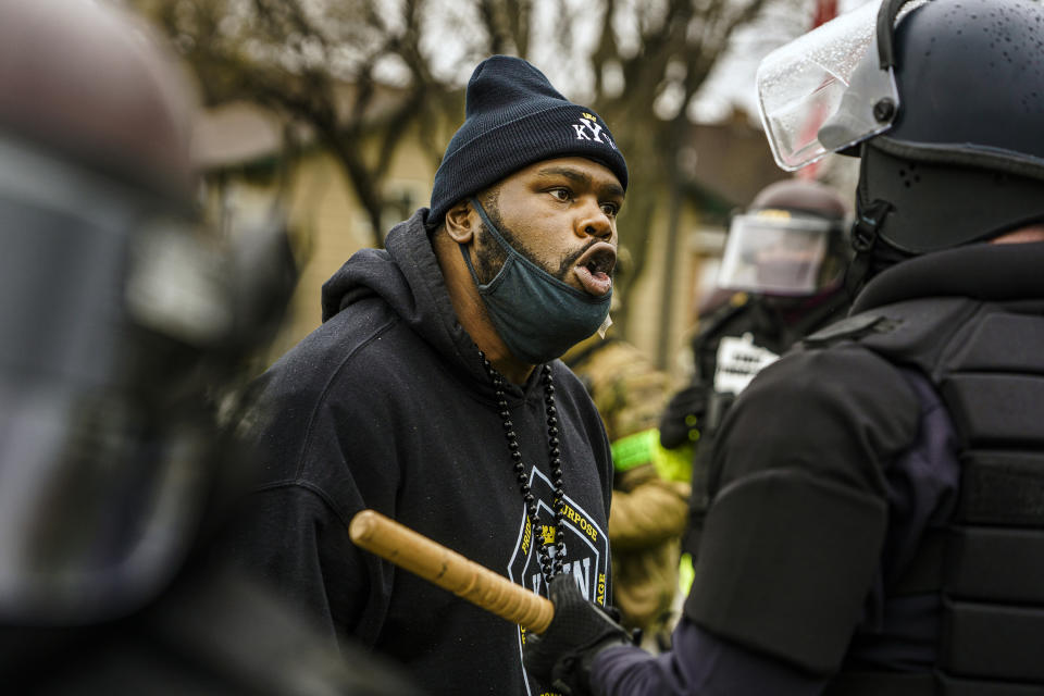 Protesters confronted police over the shooting death of Daunte Wright at a rally at the Brooklyn Center Police Department in Brooklyn Center, Minn., Monday, April 12, 20121. (Richard Tsong-Taatarii/Star Tribune via AP)